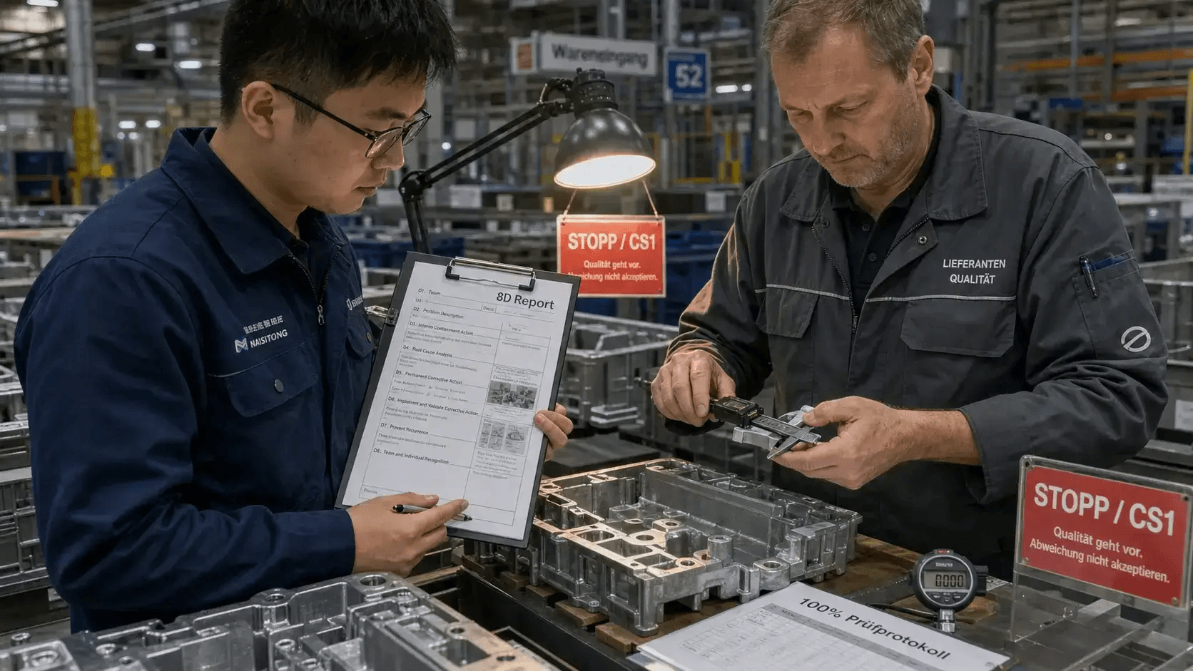 A Naisitong field engineer and a German quality manager inspecting die-cast aluminium parts during a controlled-shipping intervention.