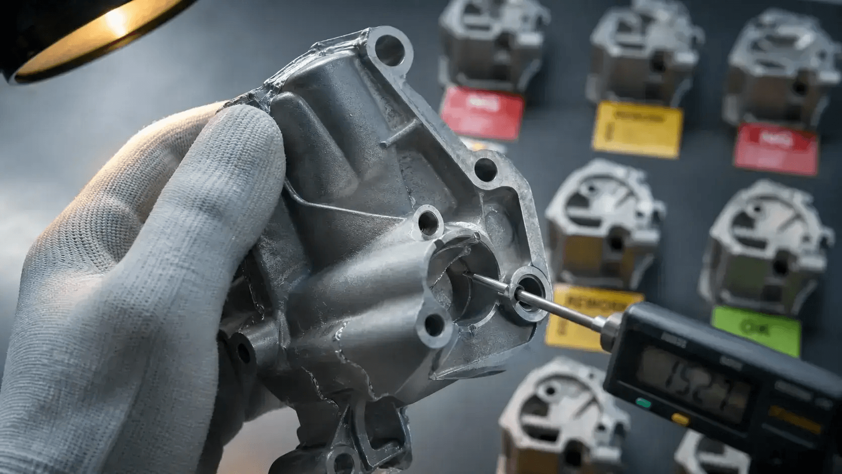 Macro close-up of a gloved hand holding a die-cast aluminium component under raking sidelight, revealing surface topology — flash, cold-shut and porosity visible.