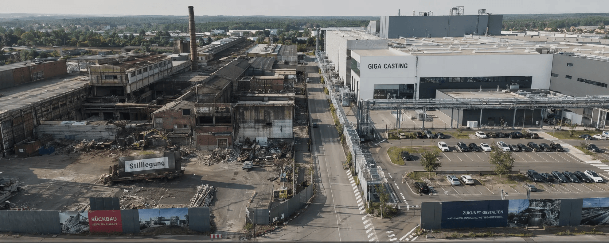 Aerial view of a German aluminium die casting plant — one side shows a conventional production line being decommissioned, the other a newly built gigacasting workshop