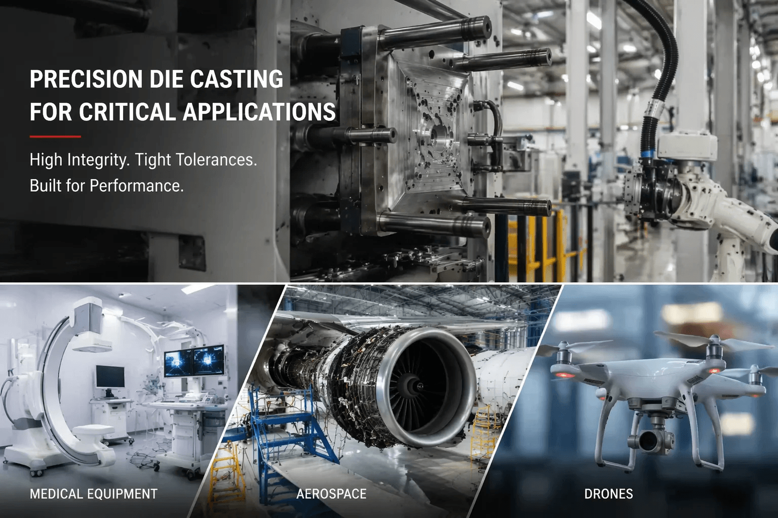 High-end manufacturing scene collage — medical CT scanner room, industrial robot production line, Airbus A320 assembly line, military drone and radar system housing, five high-barrier manufacturing sectors overlapping in an industrial composition