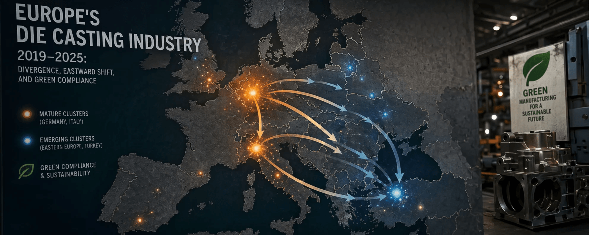 A map of Europe with die-casting clusters marked, production-capacity arrows shifting from Germany and Italy toward Turkey and Eastern Europe