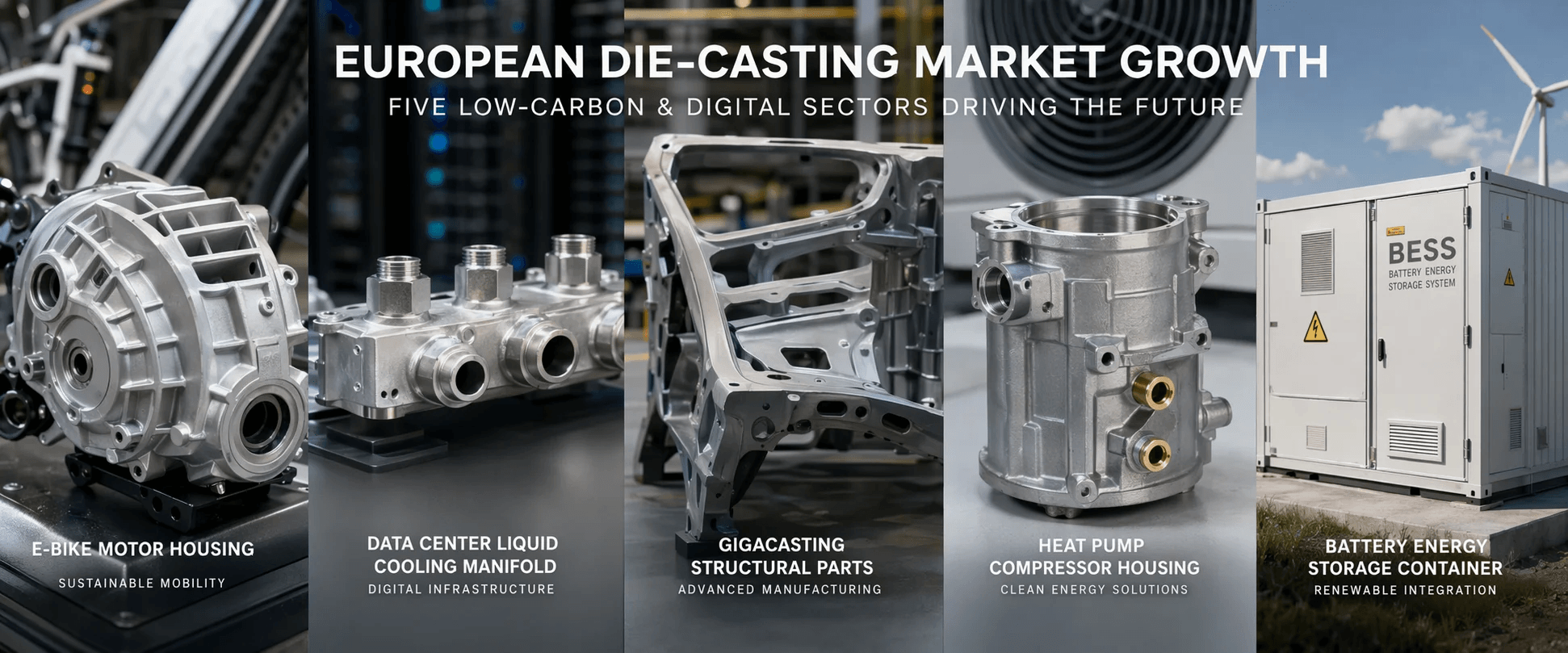 A collage of European industrial scenes — e-bike urban commuting, data center liquid cooling pipework, an EV gigacasting production line, a heat pump outdoor unit, and a battery energy storage container — five low-carbon and digital infrastructure sectors overlaid