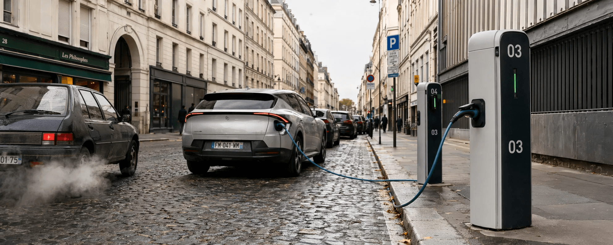 A European city street in transition, with both traditional combustion engine cars and modern electric vehicles sharing the road, charging stations visible in the background