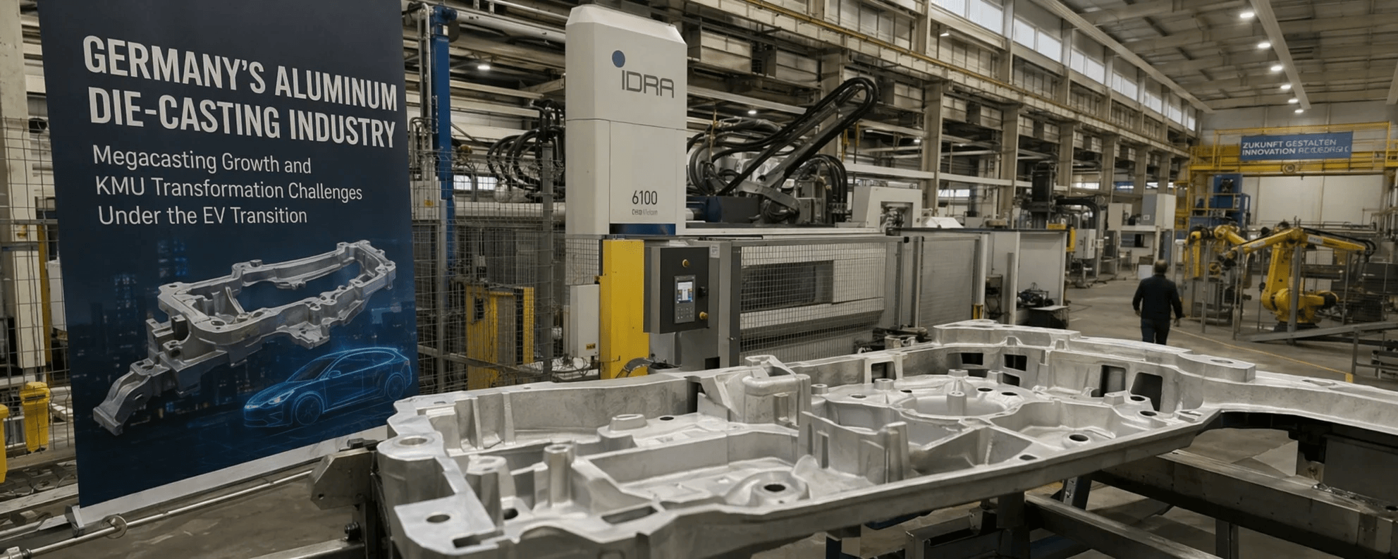 Interior of a German aluminum die-casting plant — one side shows a traditional small-to-medium press line, the other shows a large megacasting machine being installed, symbolizing the industry's transition between old and new.