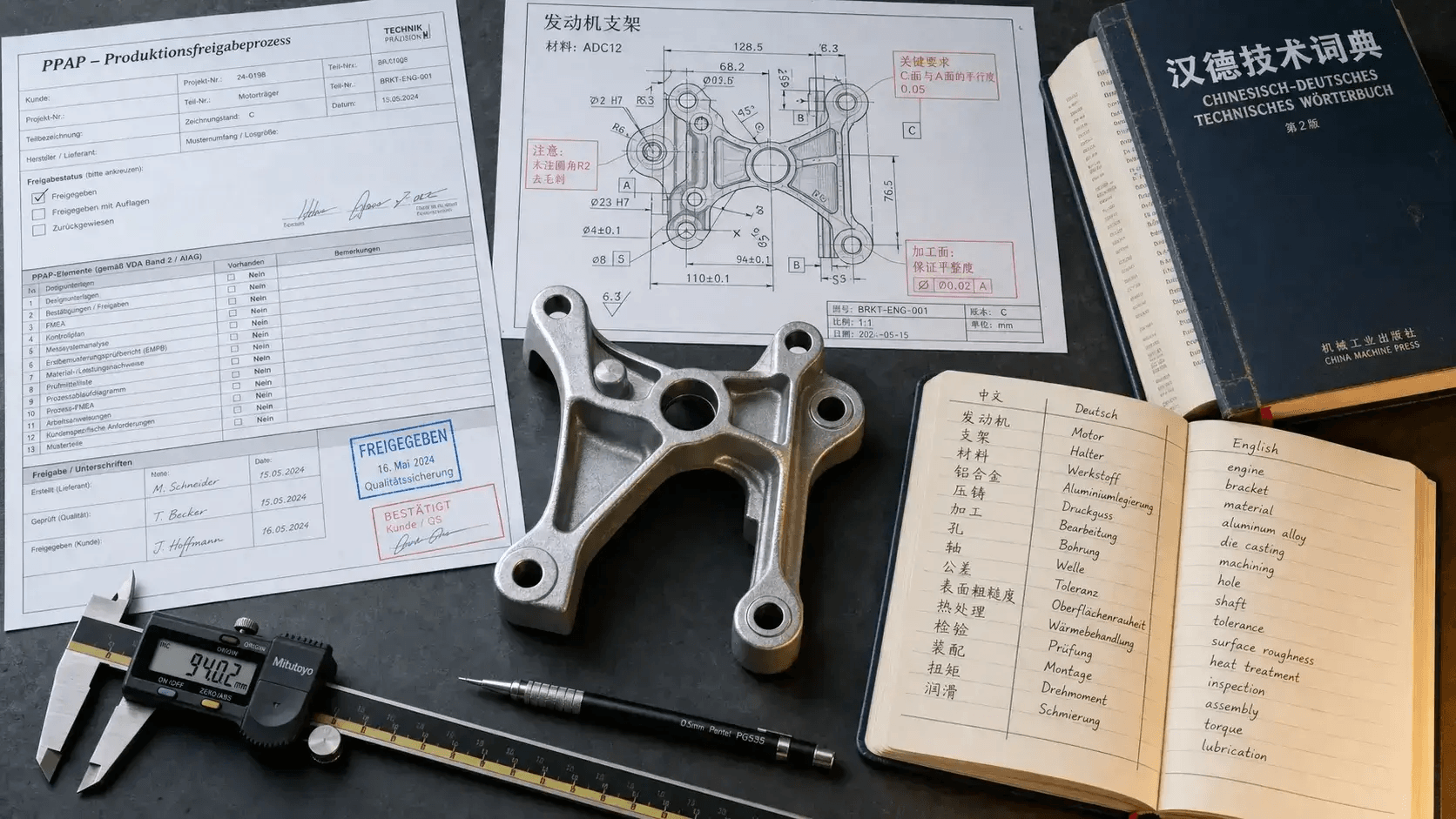 Top-down flat-lay of a trilingual technical reference workspace — a die-cast aluminium engine bracket surrounded by a German PPAP sheet, a Chinese engineering drawing, and a handwritten three-column glossary.