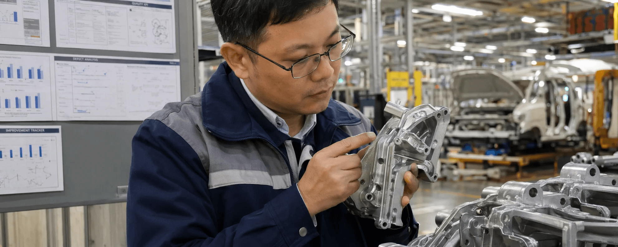 A NaiSiTong engineer discussing cosmetic inspection standards for aluminum die-cast housings with a German quality manager at the customer's plant.