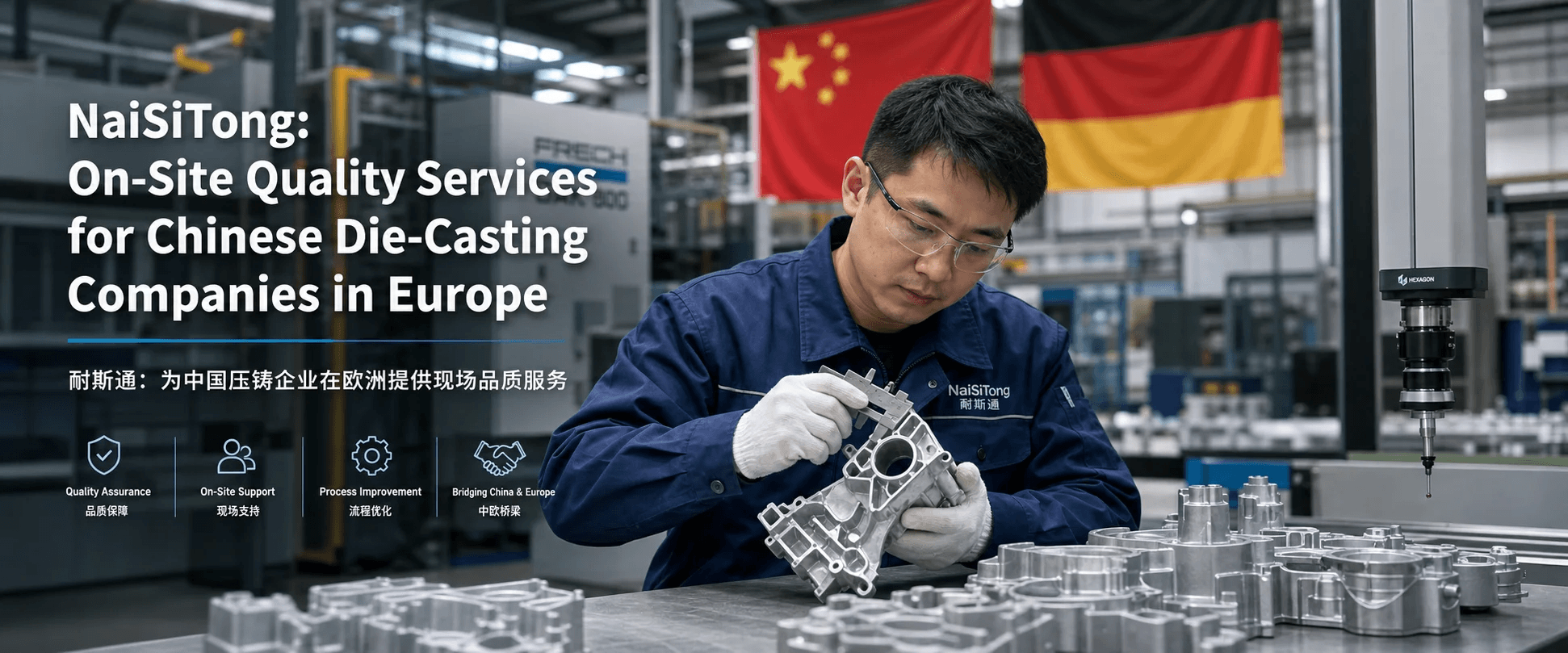 A NaiSiTong engineer inspecting aluminum die-cast parts at a European factory, representing professional cross-border manufacturing services.