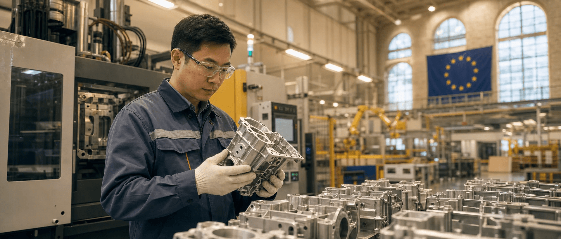 A NaiSiTong engineer inspecting aluminum die-cast parts at a European factory, representing professional cross-border manufacturing services.