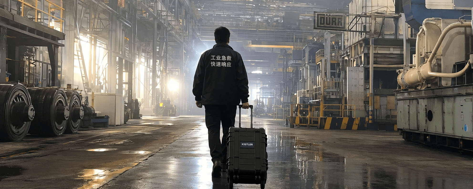A Chinese engineer pulling an equipment case through a vast German factory floor, backlit silhouette — the urgency of same-day on-site crisis response.